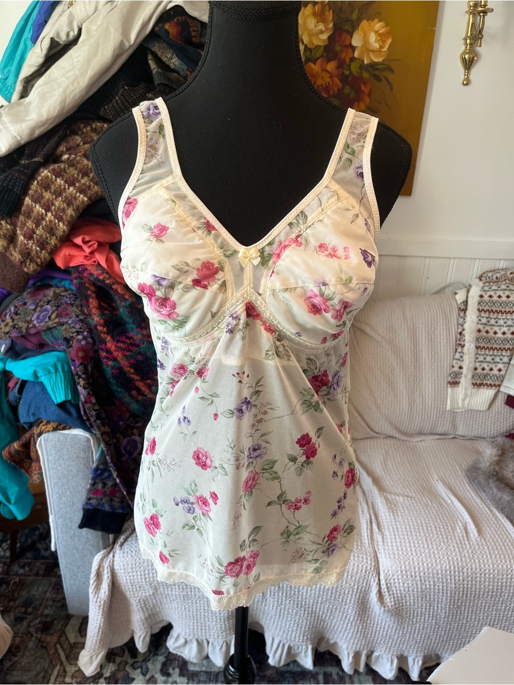 Y2K Vintage Lace Trim Sheer Cami Top - Size Large